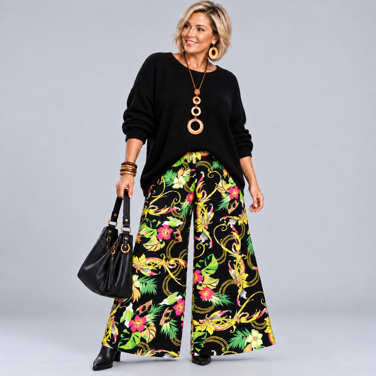 Black Yellow Tropical High Waist Palazzo Trousers