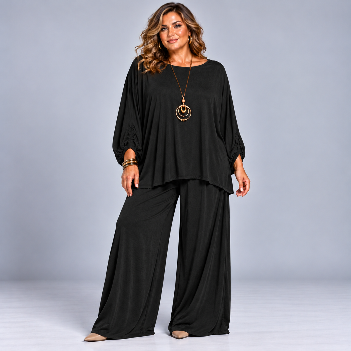 Two Piece Loose Fit Palazzo Trousers + Batwing Top Outfit