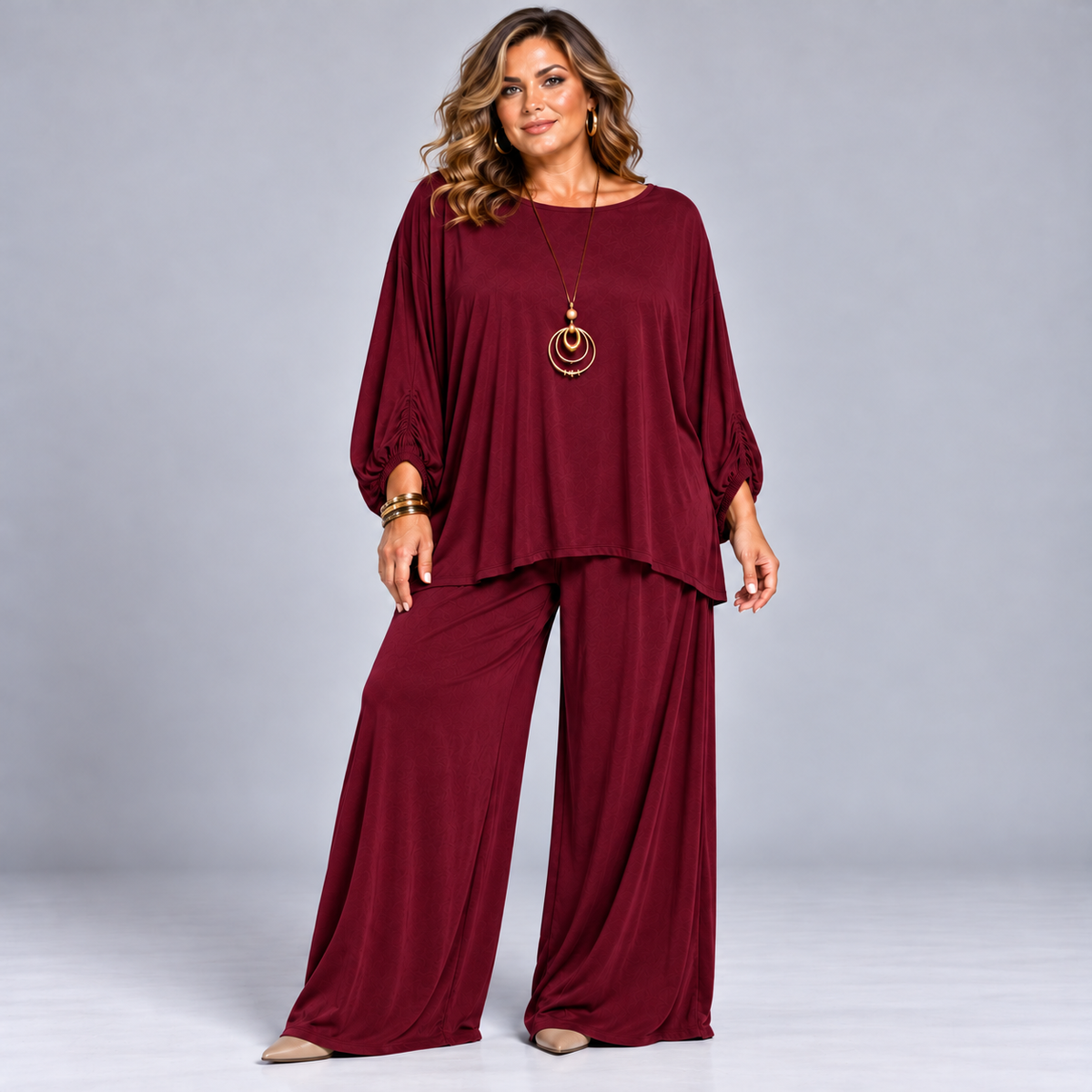 Two Piece Loose Fit Palazzo Trousers + Batwing Top Outfit