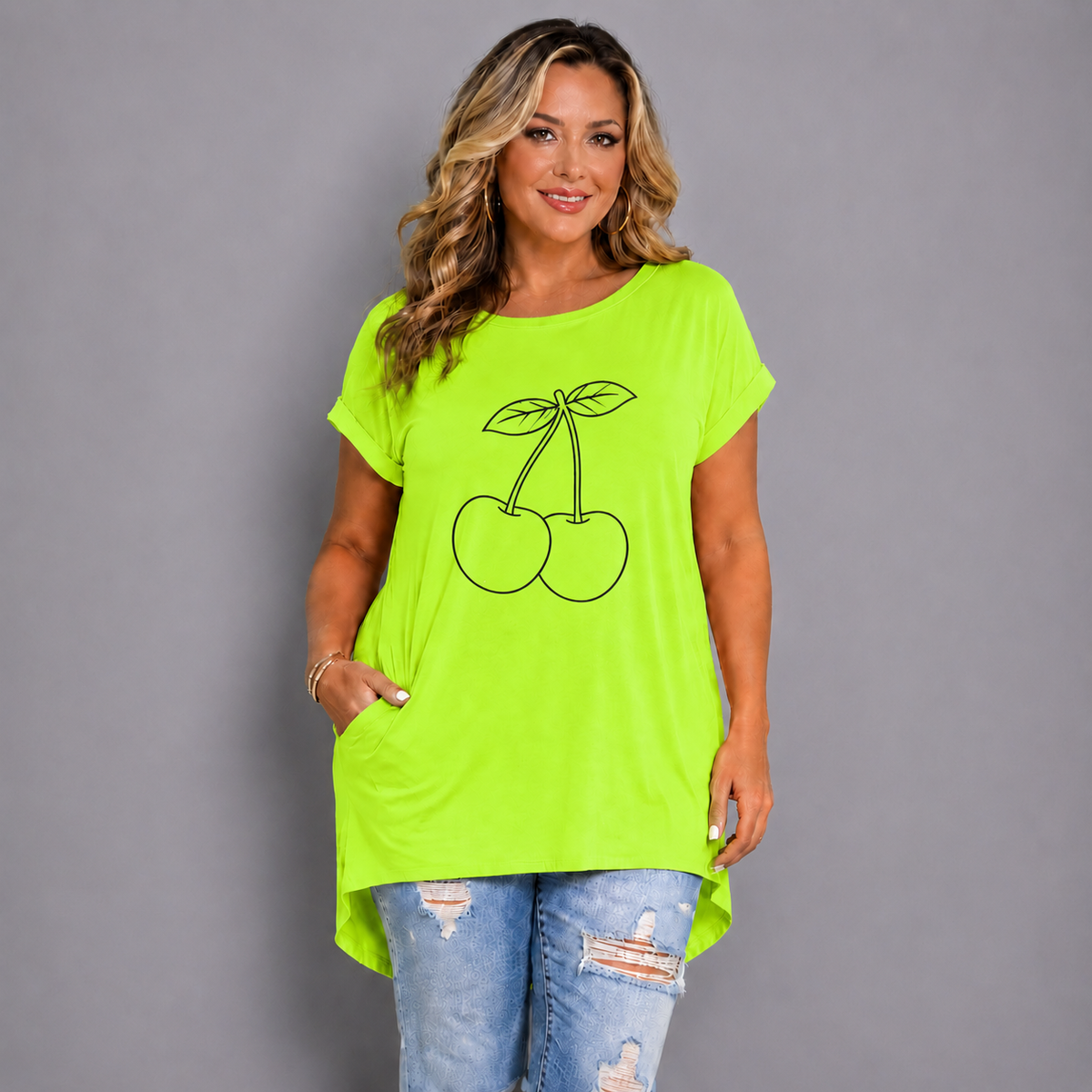 Cherries Dipped-Hem Neon T-Shirt with Side Pockets