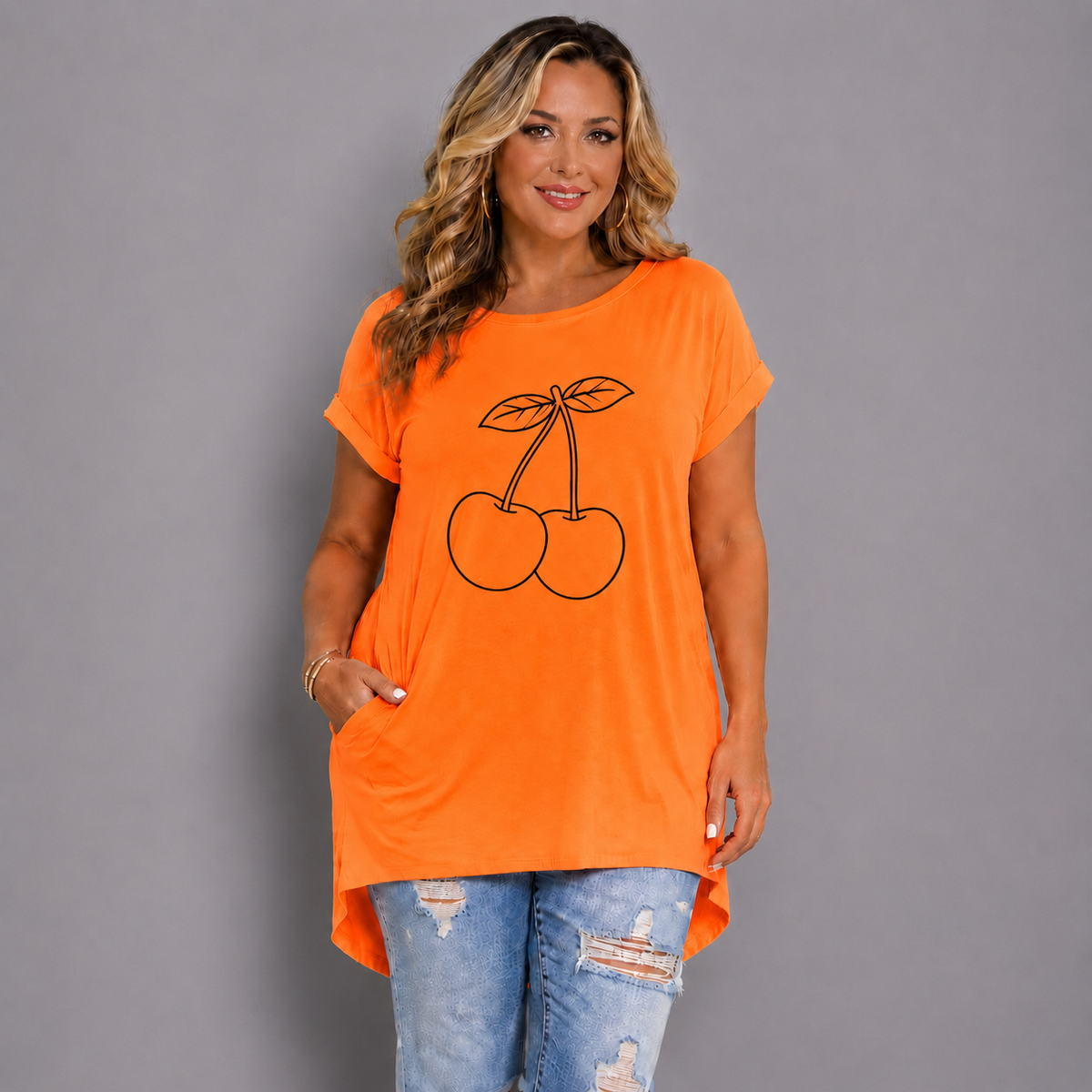 Cherries Dipped-Hem Neon T-Shirt with Side Pockets
