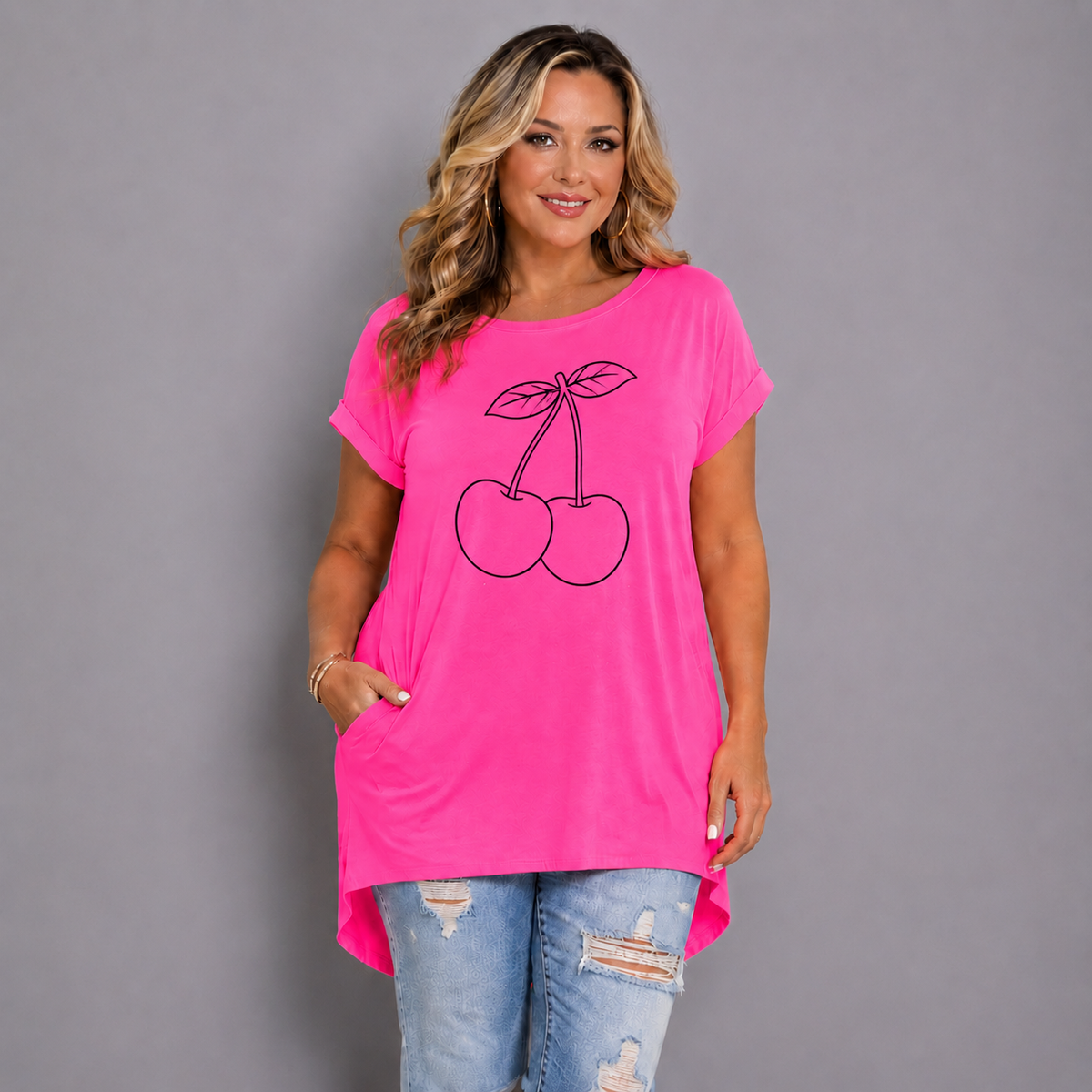 Cherries Dipped-Hem Neon T-Shirt with Side Pockets