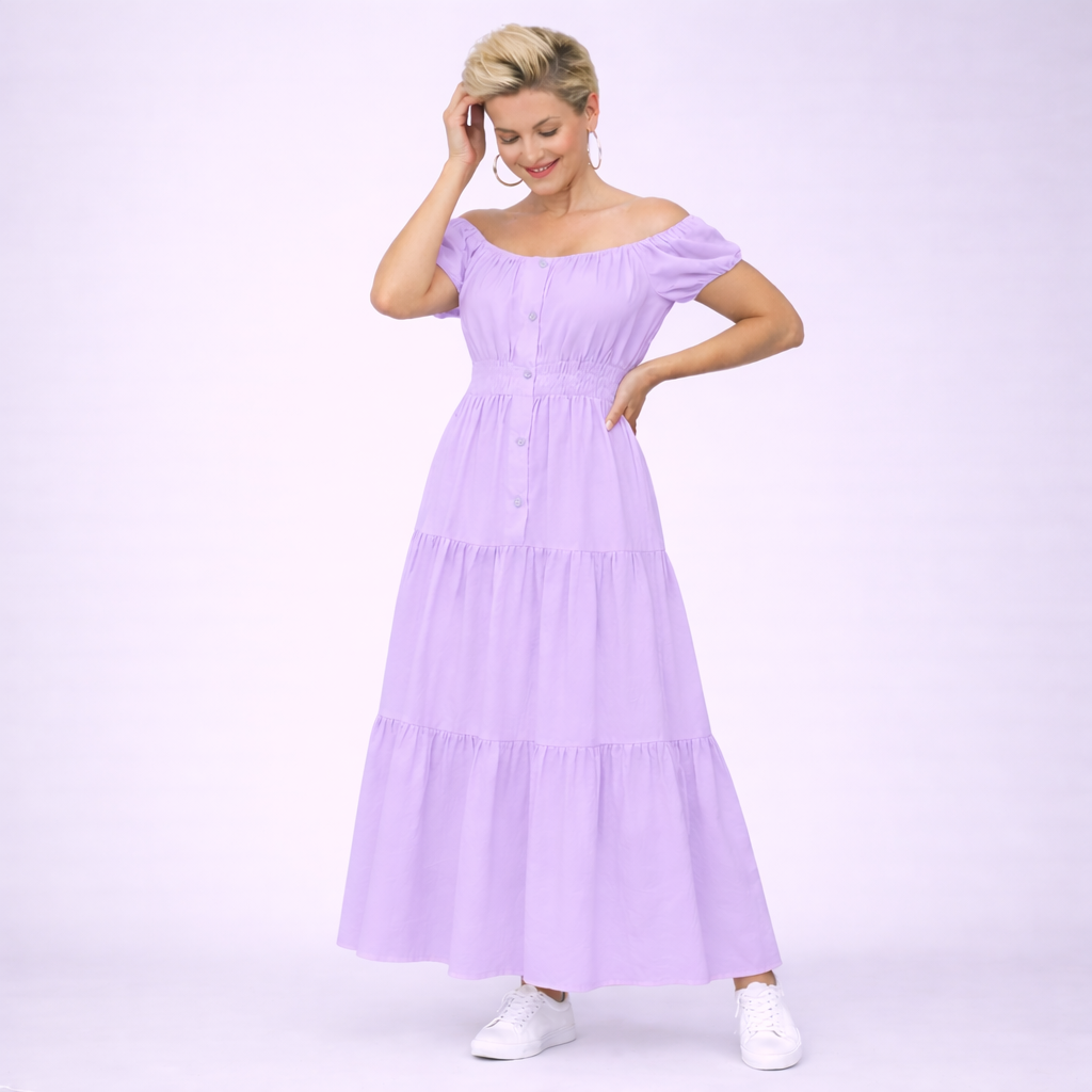 Off Shoulder Elastic Waist Gypsy Style Maxi Dress