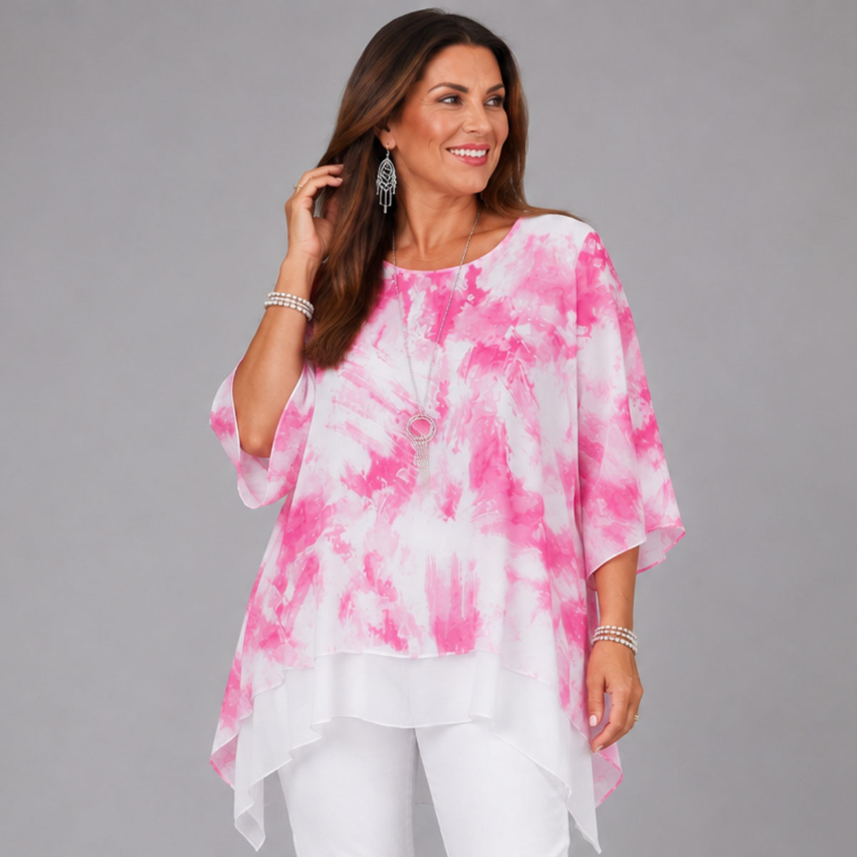 Chiffon Tie Dye Split Back Hanky Hem Blouse