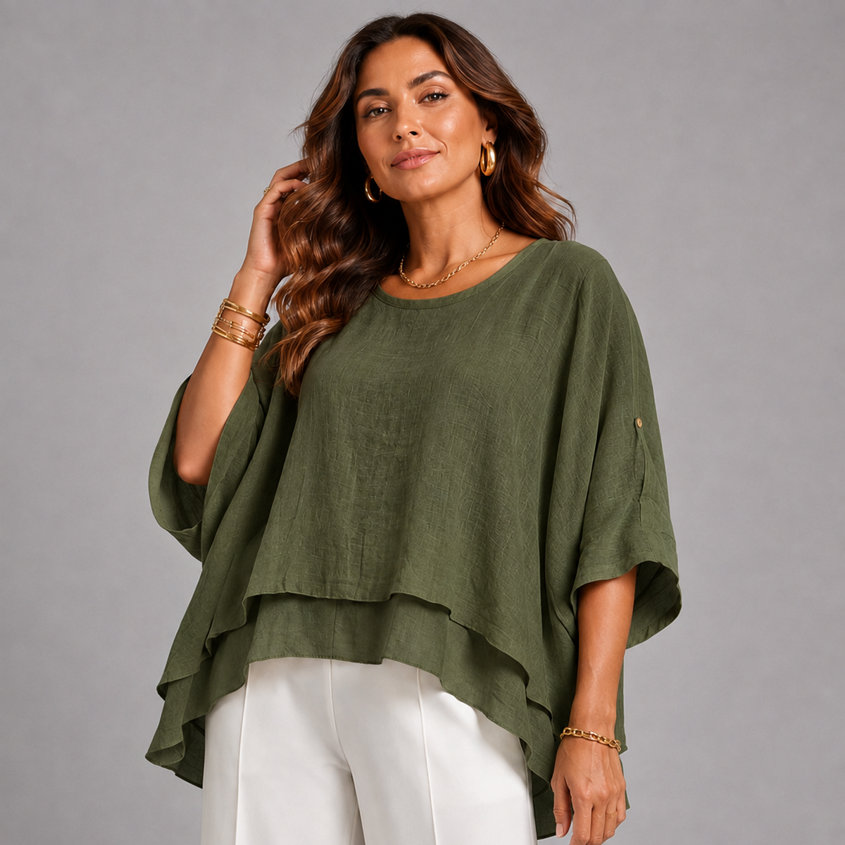 Chiffon Layered Blouse with Button Tab Sleeves