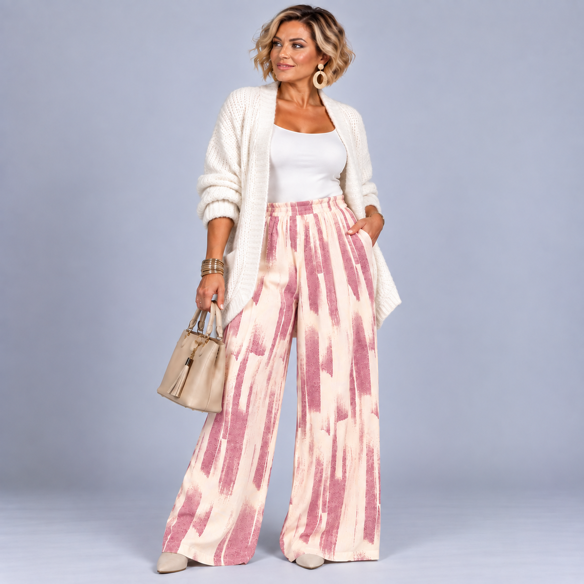 Cotton Paint Splash Elastic Waist Palazzo Trouser with Pockets
