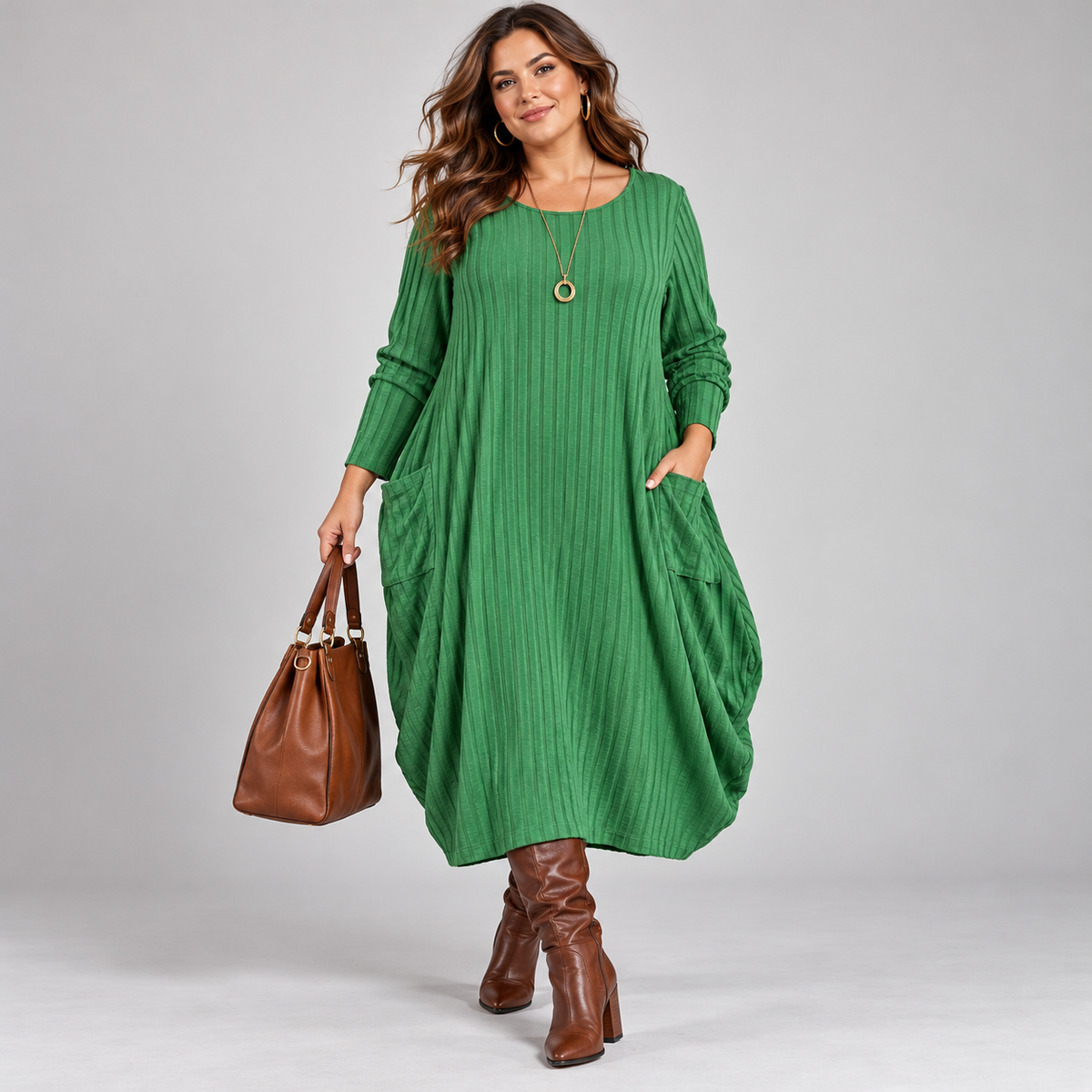 Balloon Soft Fine Knit Ribbed Jumper Dress with Pockets