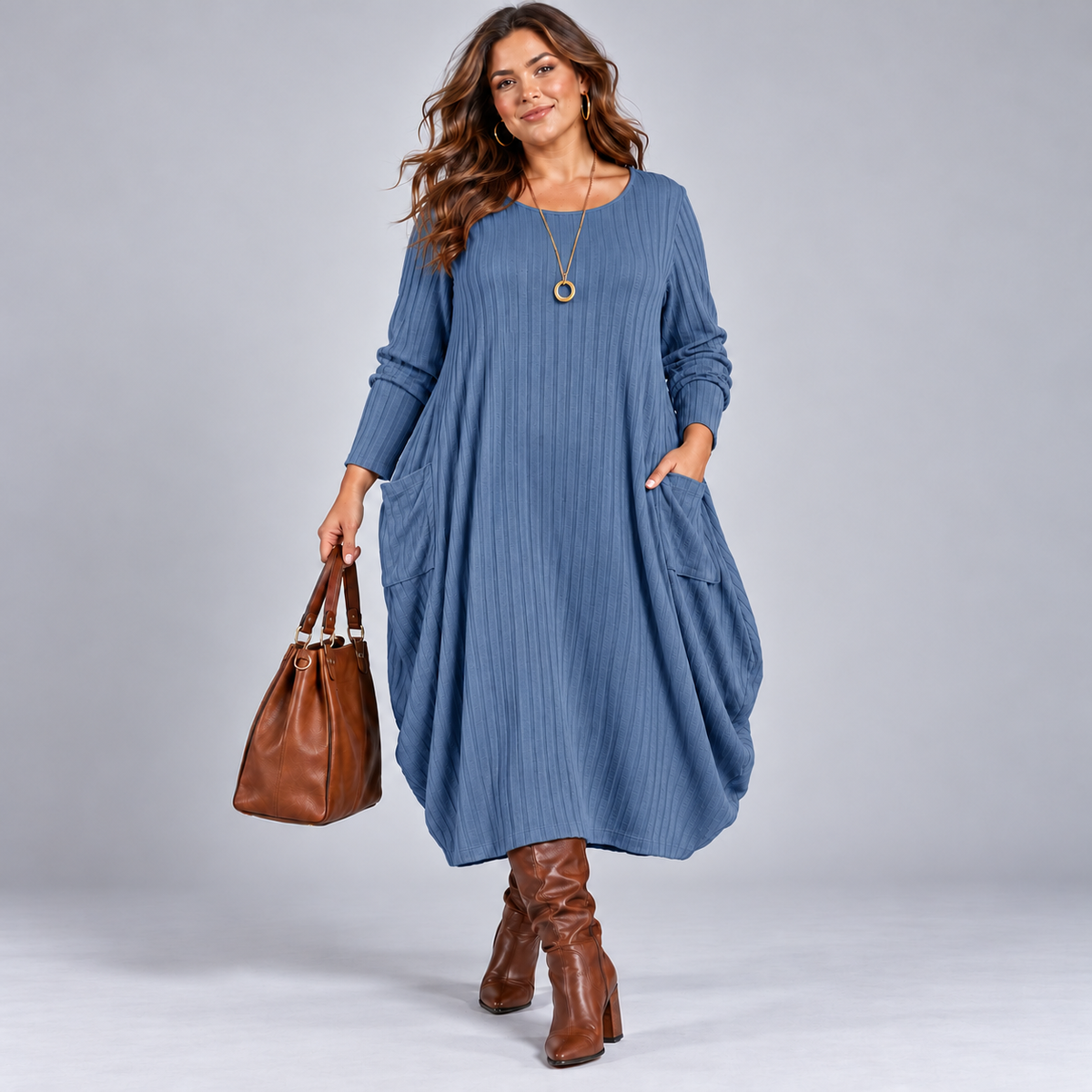 Balloon Soft Fine Knit Ribbed Jumper Dress with Pockets