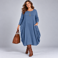 Balloon Soft Fine Knit Ribbed Jumper Dress with Pockets