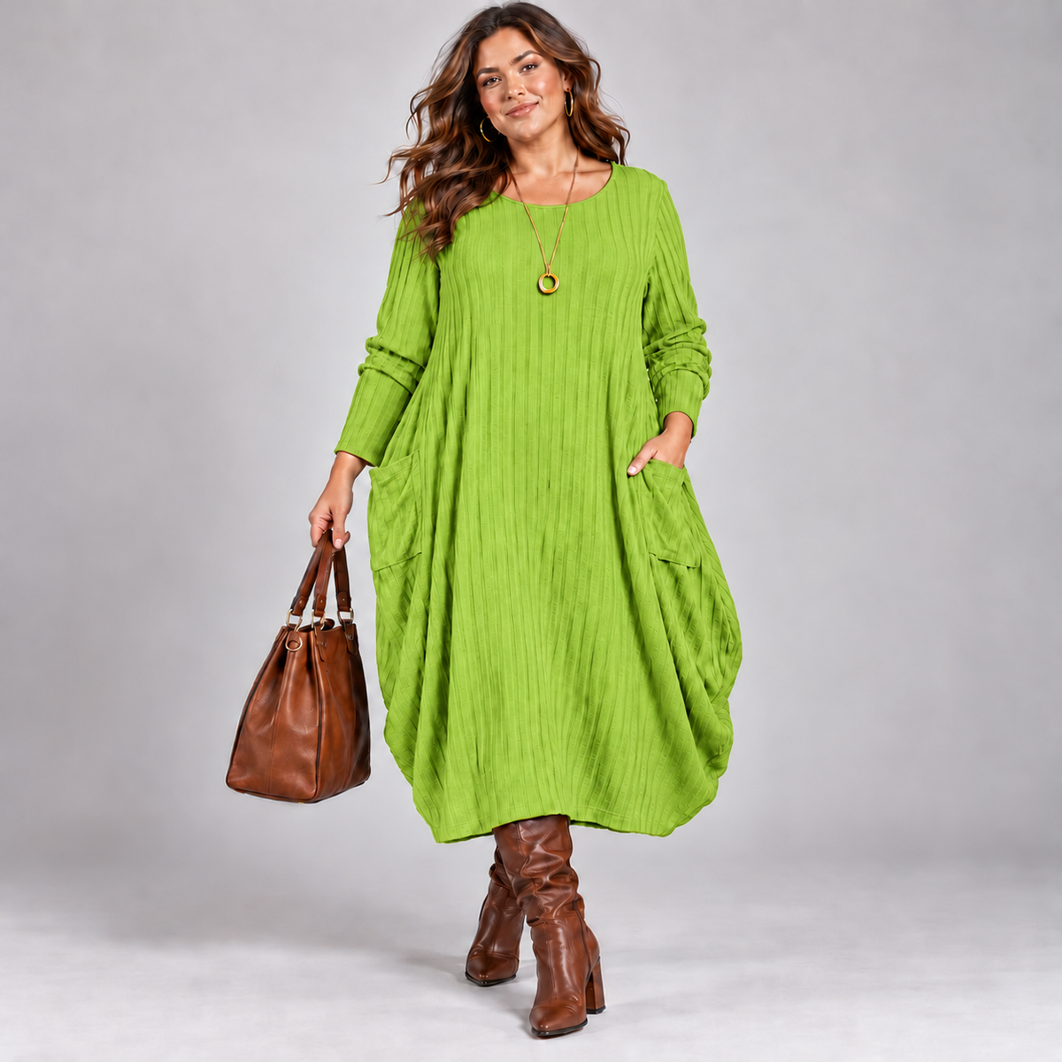 Balloon Soft Fine Knit Ribbed Jumper Dress with Pockets