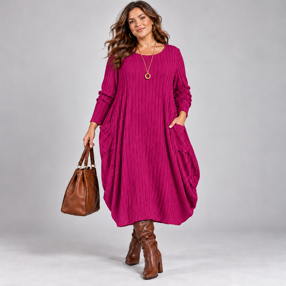 Balloon Soft Fine Knit Ribbed Jumper Dress with Pockets