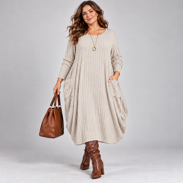 Balloon Soft Fine Knit Ribbed Jumper Dress with Pockets