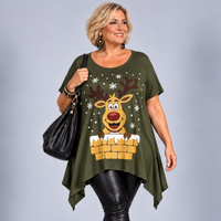 Hanky Hem Short Sleeve Long Top with Christmas Reindeer
