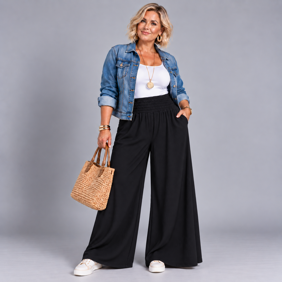 High Smock Waist Wide Leg Trousers With Pockets
