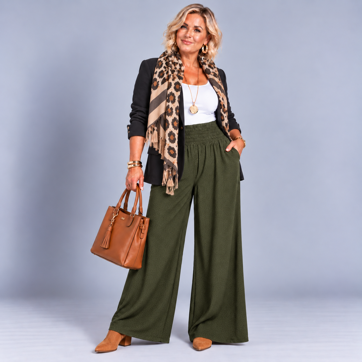 High Smock Waist Wide Leg Trousers With Pockets