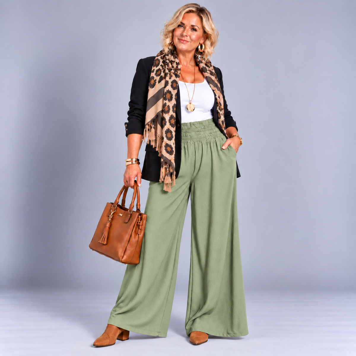 High Smock Waist Wide Leg Trousers With Pockets