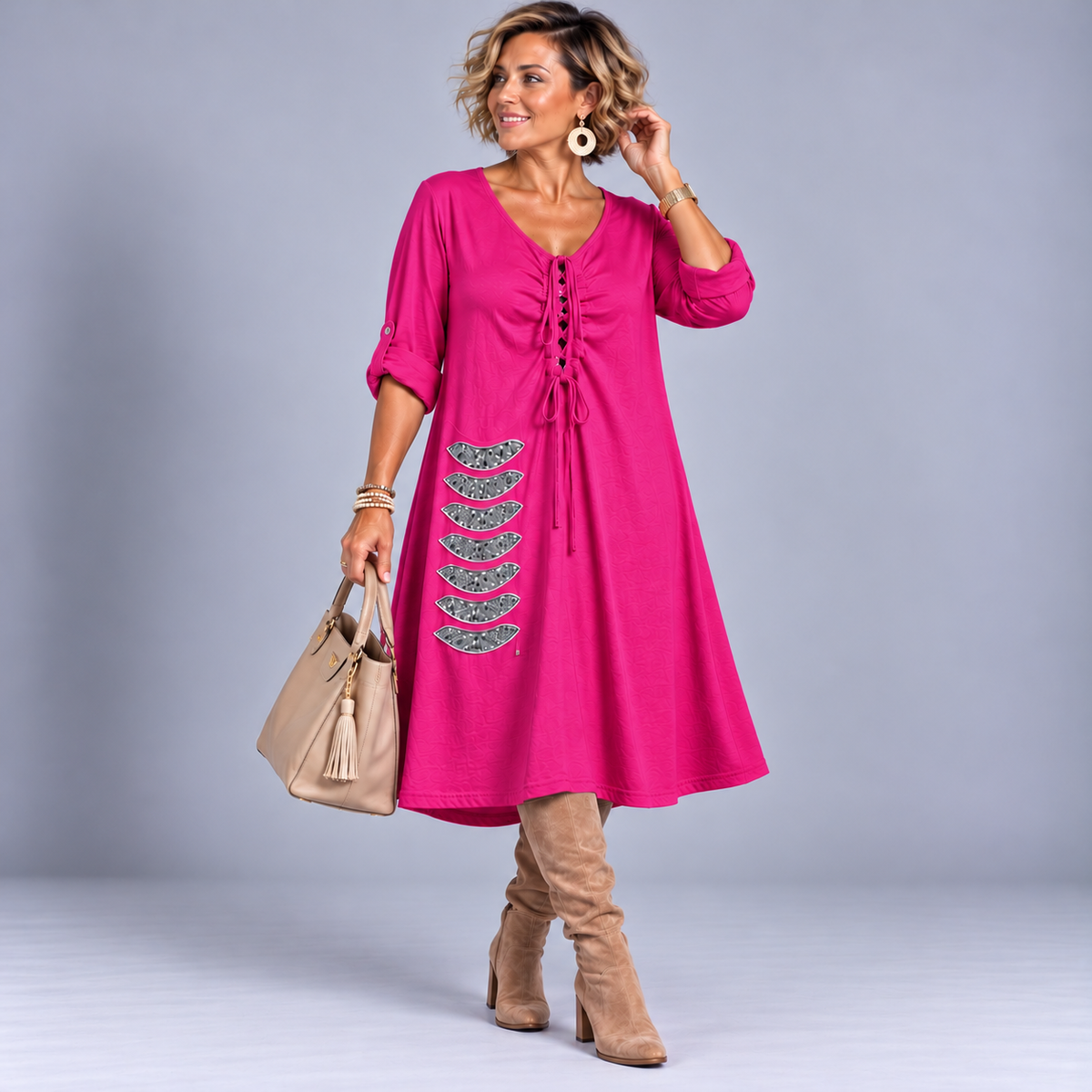 Sequin Patch V Neck A-Line Dress