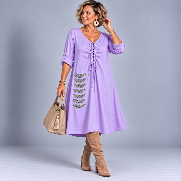 Sequin Patch V Neck A-Line Dress