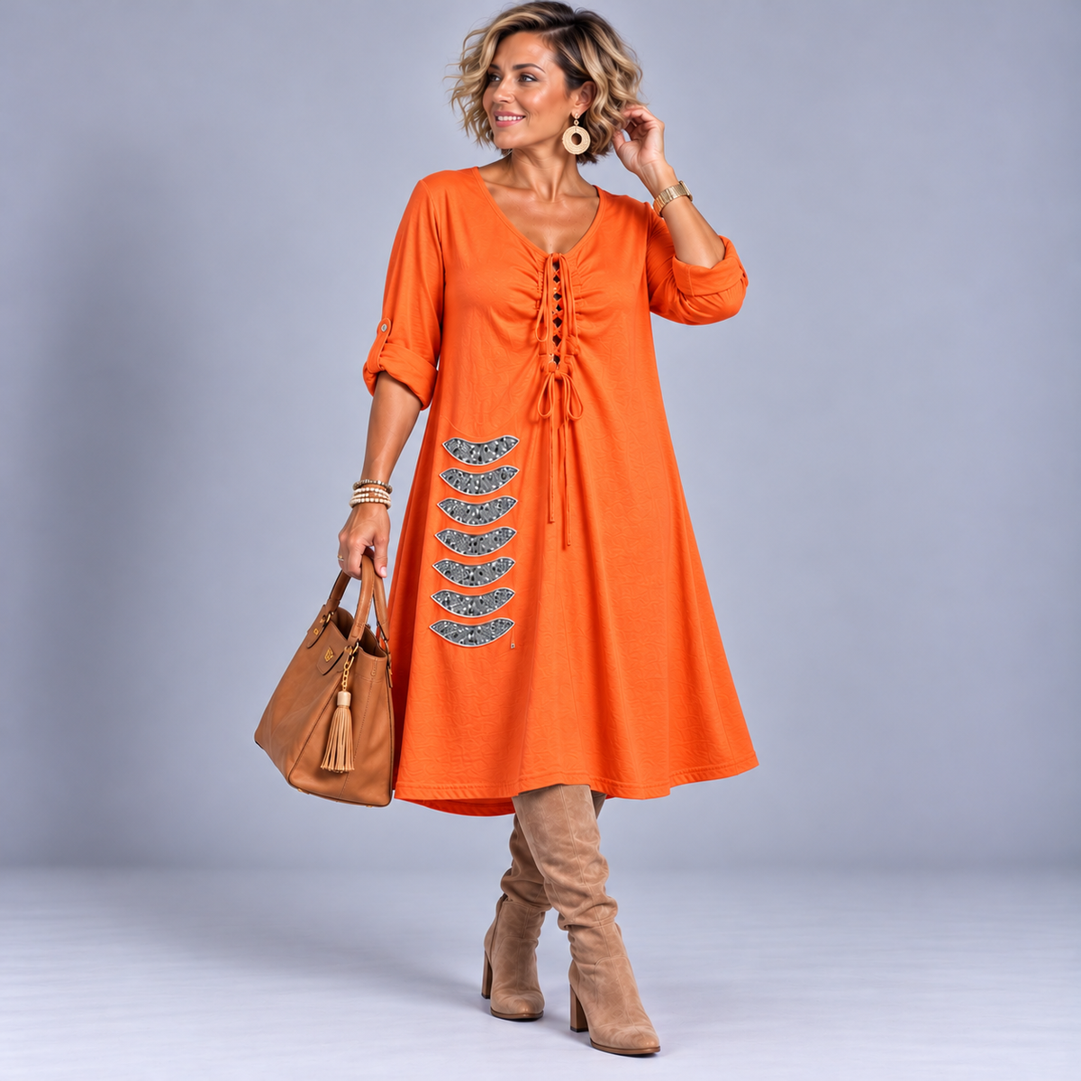 Sequin Patch V Neck A-Line Dress