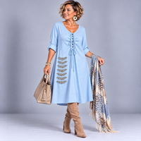 Sequin Patch V Neck A-Line Dress