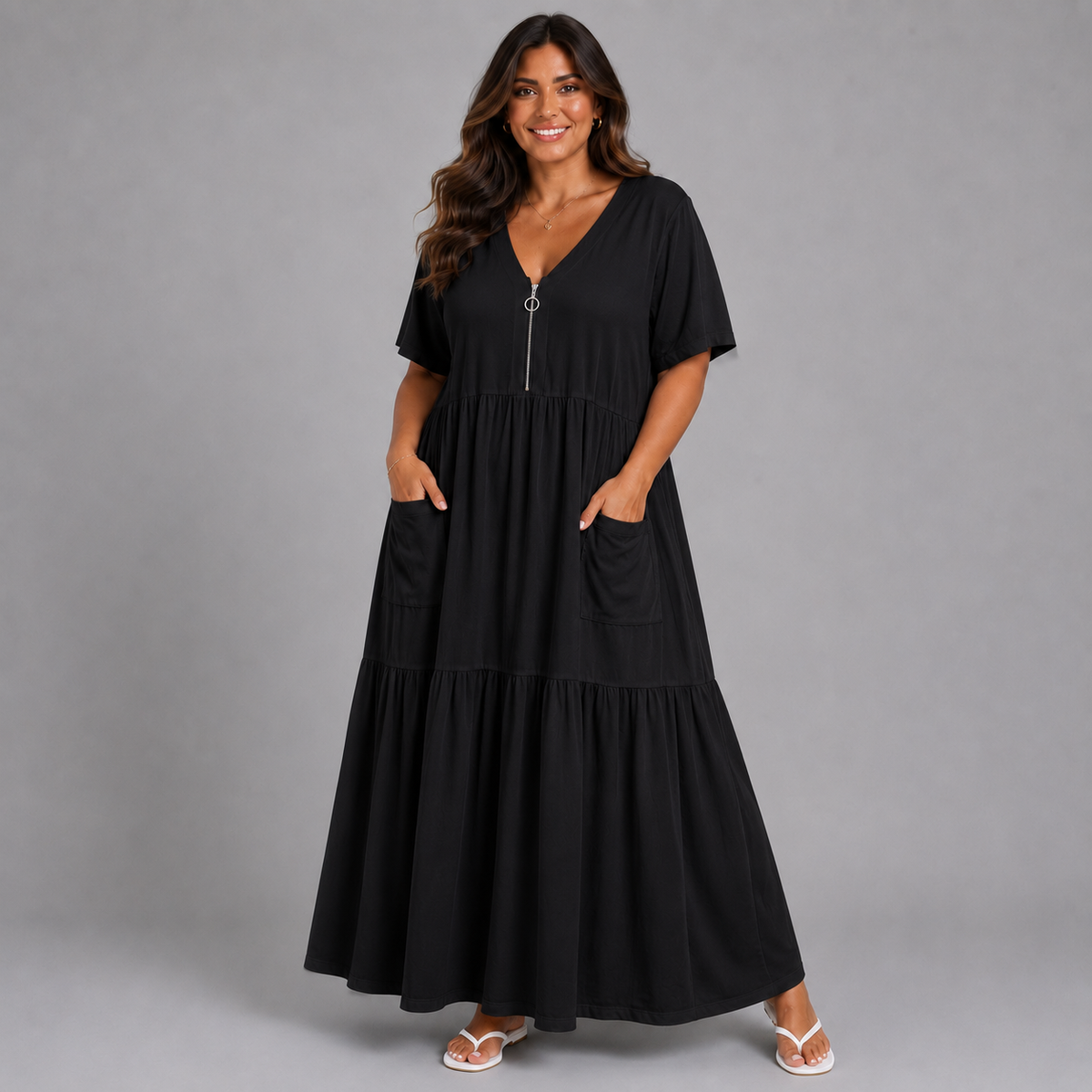 Feature Zip V-Neck Layered Cotton / Linen Maxi Dress