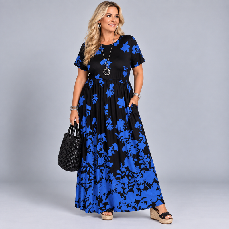 Black Bright Floral Print Short Sleeve Maxi Dress with Side Pockets