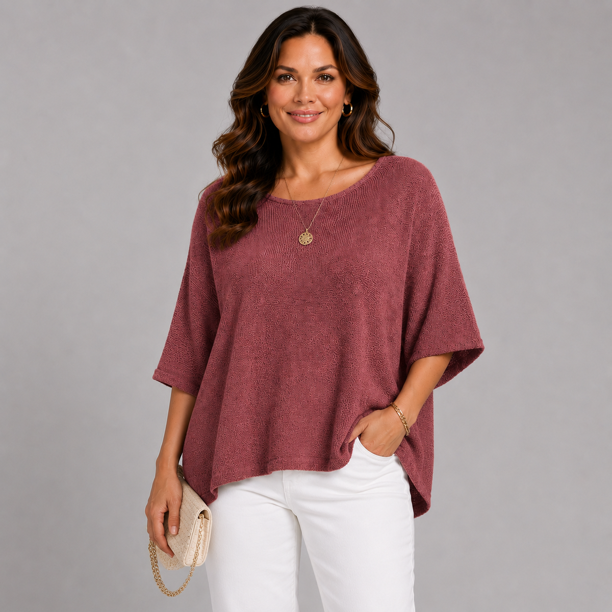 Soft Knit 1/2 Sleeve Slash Neck Jumper