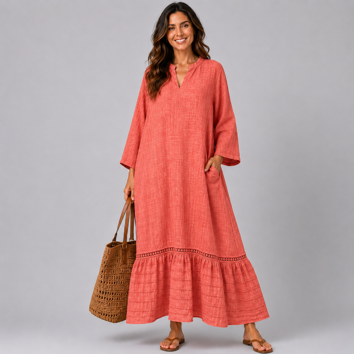 V-Neck Cotton Dress with Emroidered Frill Hem + Pockets