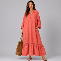 V-Neck Cotton Dress with Emroidered Frill Hem + Pockets