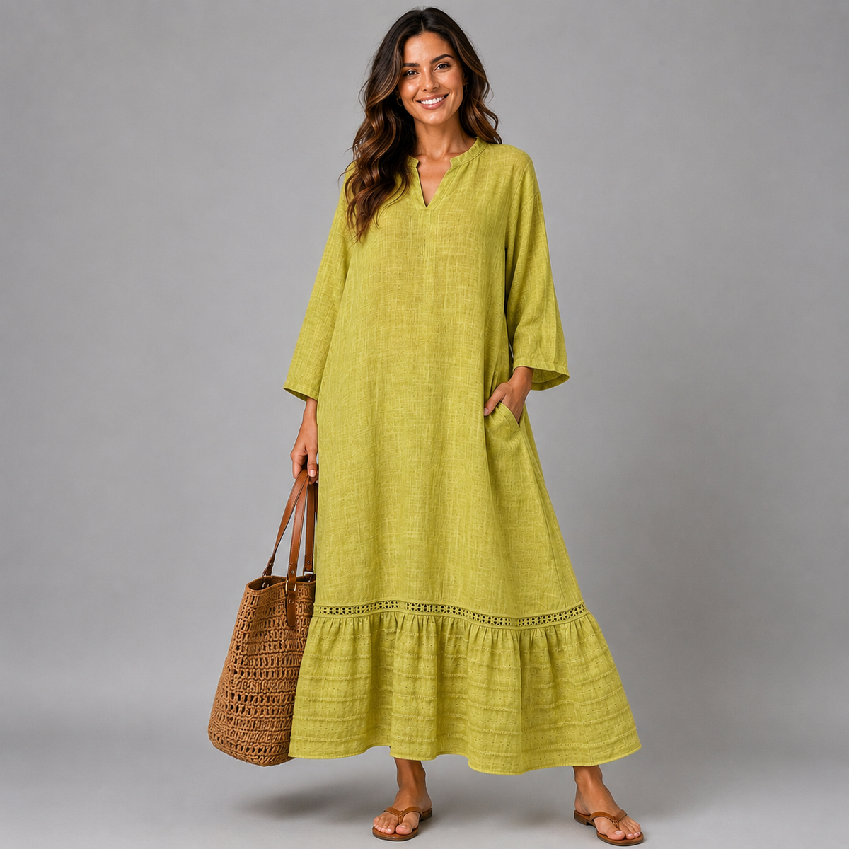 V-Neck Cotton Dress with Emroidered Frill Hem + Pockets