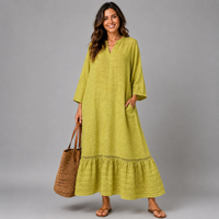 V-Neck Cotton Dress with Emroidered Frill Hem + Pockets