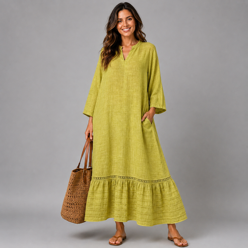 V-Neck Cotton Dress with Emroidered Frill Hem + Pockets