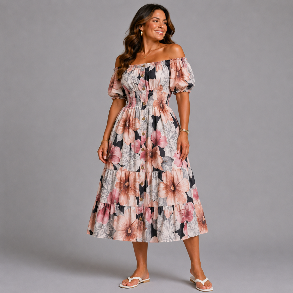 Large Autumn Print Elastic Waist Gypsy Midi Dress