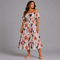 Large Autumn Print Elastic Waist Gypsy Midi Dress