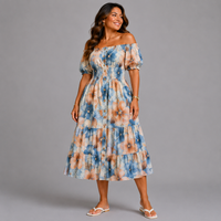 Large Autumn Print Elastic Waist Gypsy Midi Dress