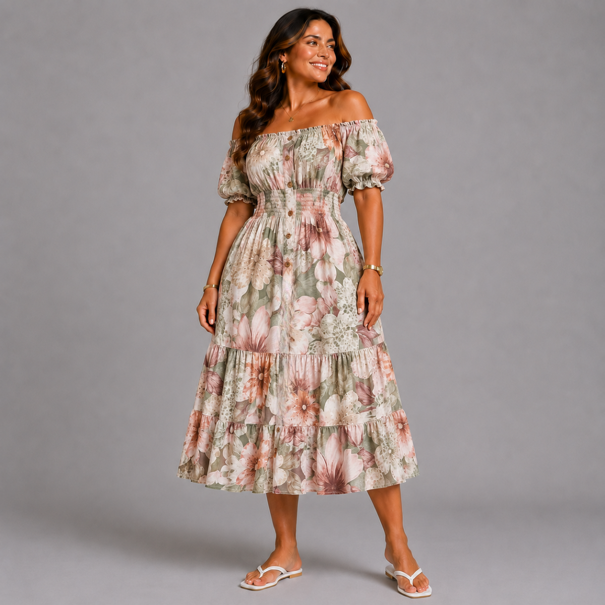 Large Autumn Print Elastic Waist Gypsy Midi Dress