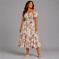Large Autumn Print Elastic Waist Gypsy Midi Dress