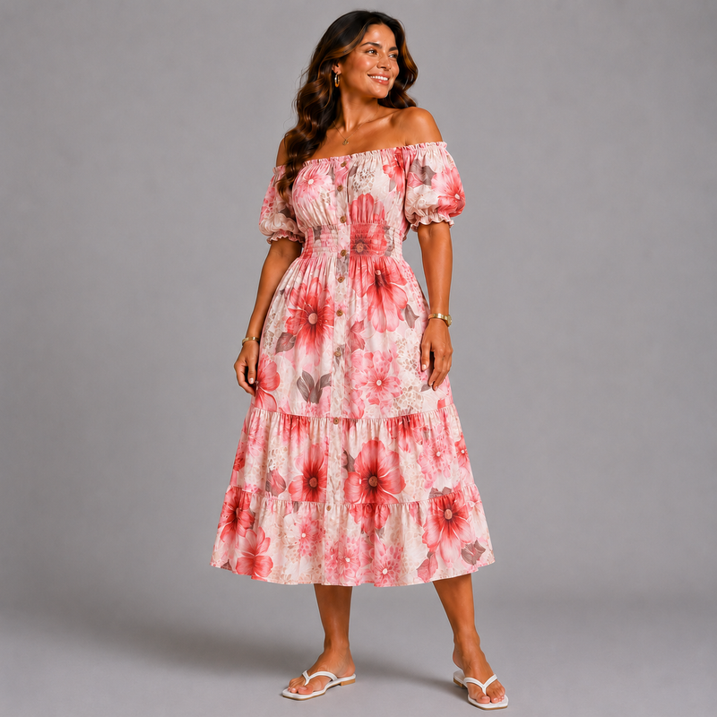 Large Autumn Print Elastic Waist Gypsy Midi Dress