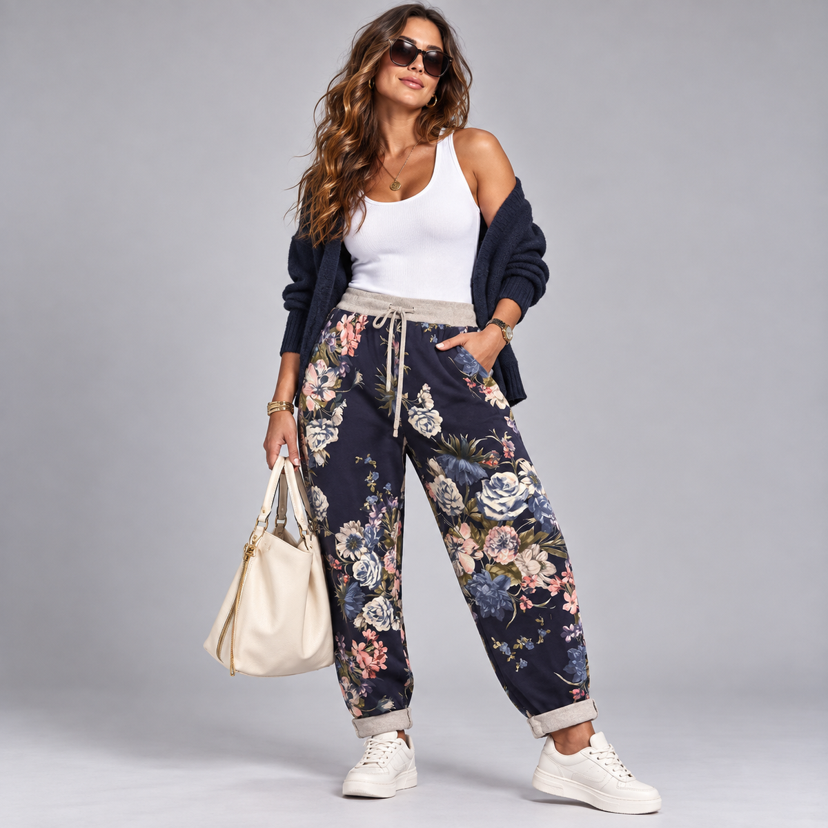 Navy Floral Elastic Waist Pocket Joggers