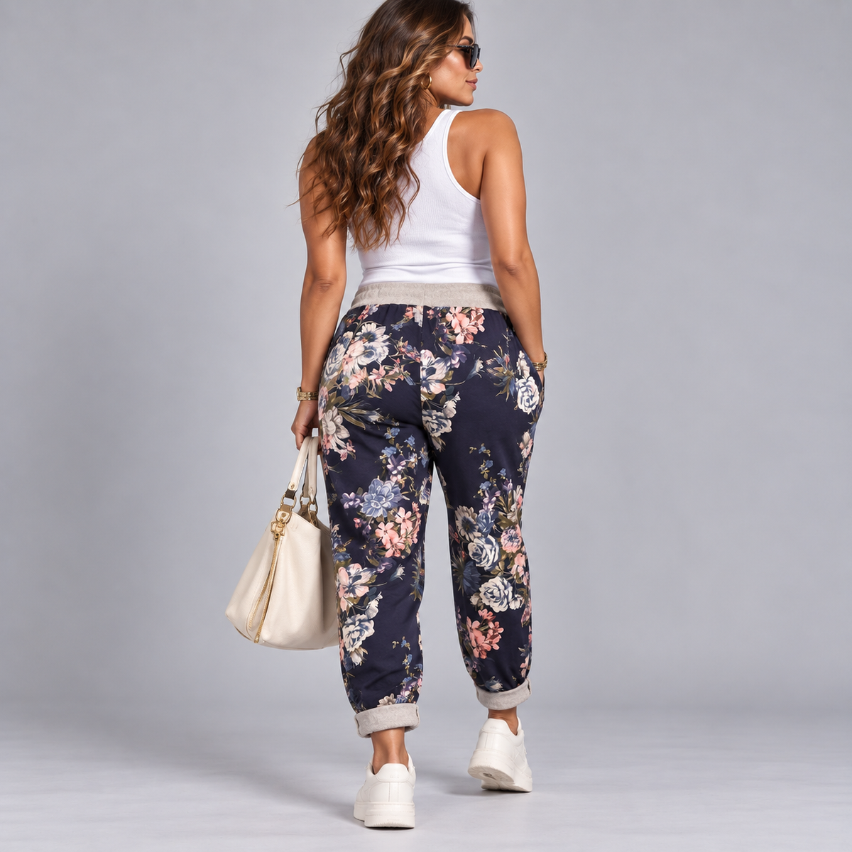 Navy Floral Elastic Waist Pocket Joggers