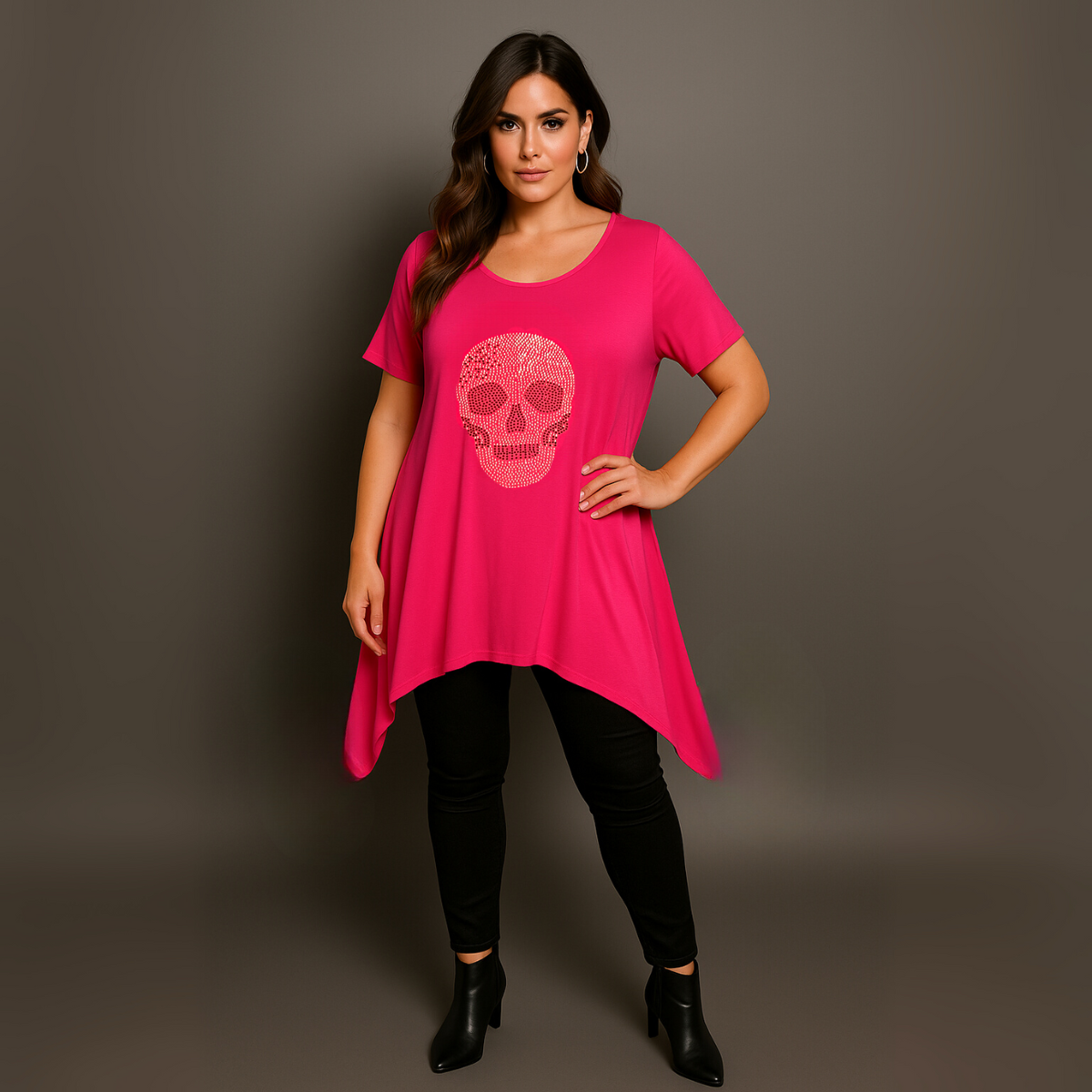 Short Sleeve Hanky Hem Studded Skull Long Length Top