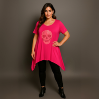 Short Sleeve Hanky Hem Studded Skull Long Length Top