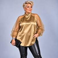 Satin Blouse with Turtle Neck and Chiffon Frilled Sleeves