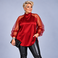 Satin Blouse with Turtle Neck and Chiffon Frilled Sleeves