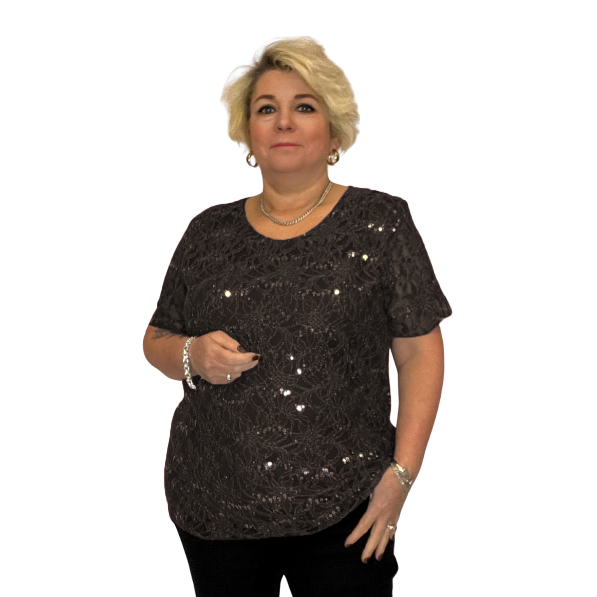 ROCKTHOSECURVES SEQUIN AND LACE SHORT SLEEVE BLOUSE / TOP