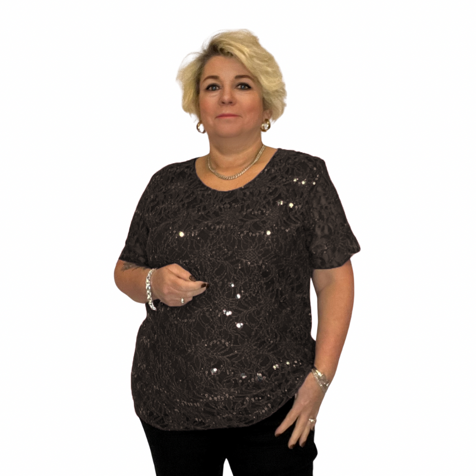 ROCKTHOSECURVES SEQUIN AND LACE SHORT SLEEVE BLOUSE / TOPBlack / UK 14