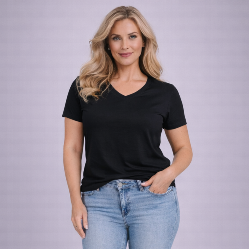 Woman wearing a black t-shirt and blue jeans against a plain background