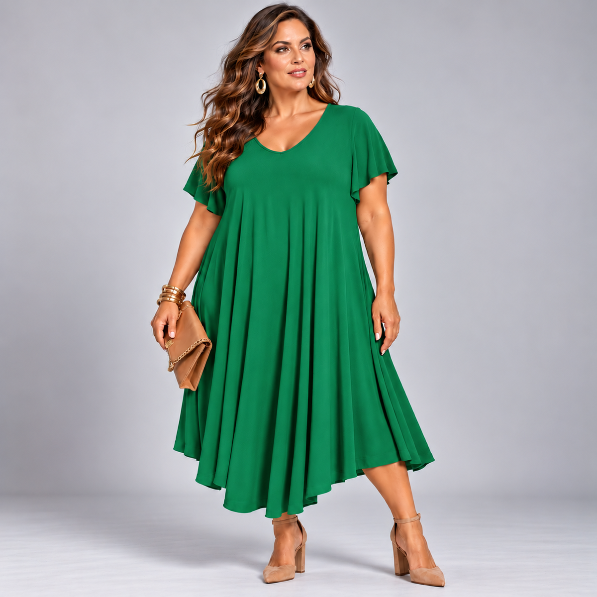 V-Neck Swing Dress with Fluted Short Sleeves