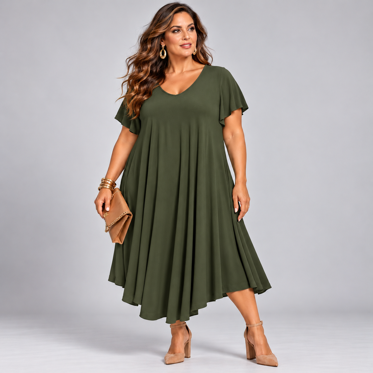 V-Neck Swing Dress with Fluted Short Sleeves