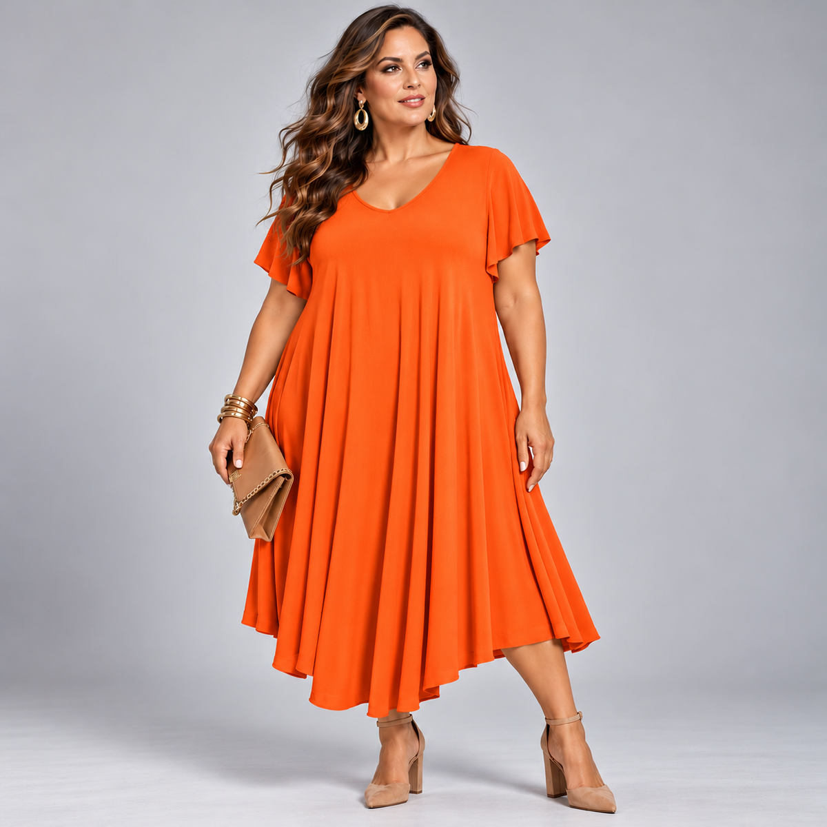 V-Neck Swing Dress with Fluted Short Sleeves